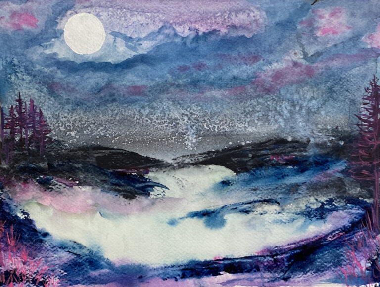 "Stormy Ocean Under Moonlight" Watercolor